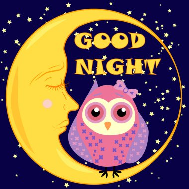 İyi geceler ay ve sevimli baykuş uyku ile kart. Vektör çizim
