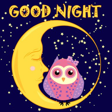 İyi geceler ay ve sevimli baykuş uyku ile kart. Vektör çizim