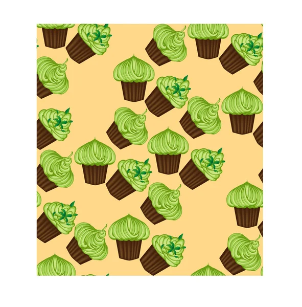 Patrón sin costuras de cupcakes apetitosos con crema verde y menta — Vector de stock