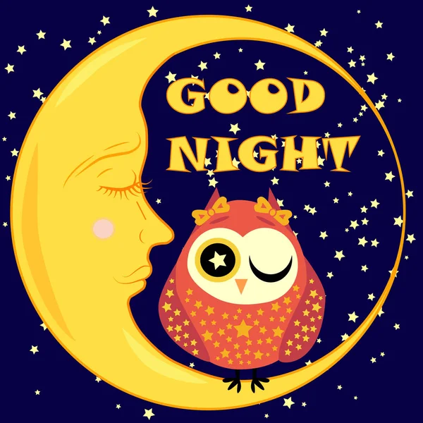 Dobrej nocy karty ze spaniem księżyc i ładny Sowa. Ilustracja wektorowa — Wektor stockowy