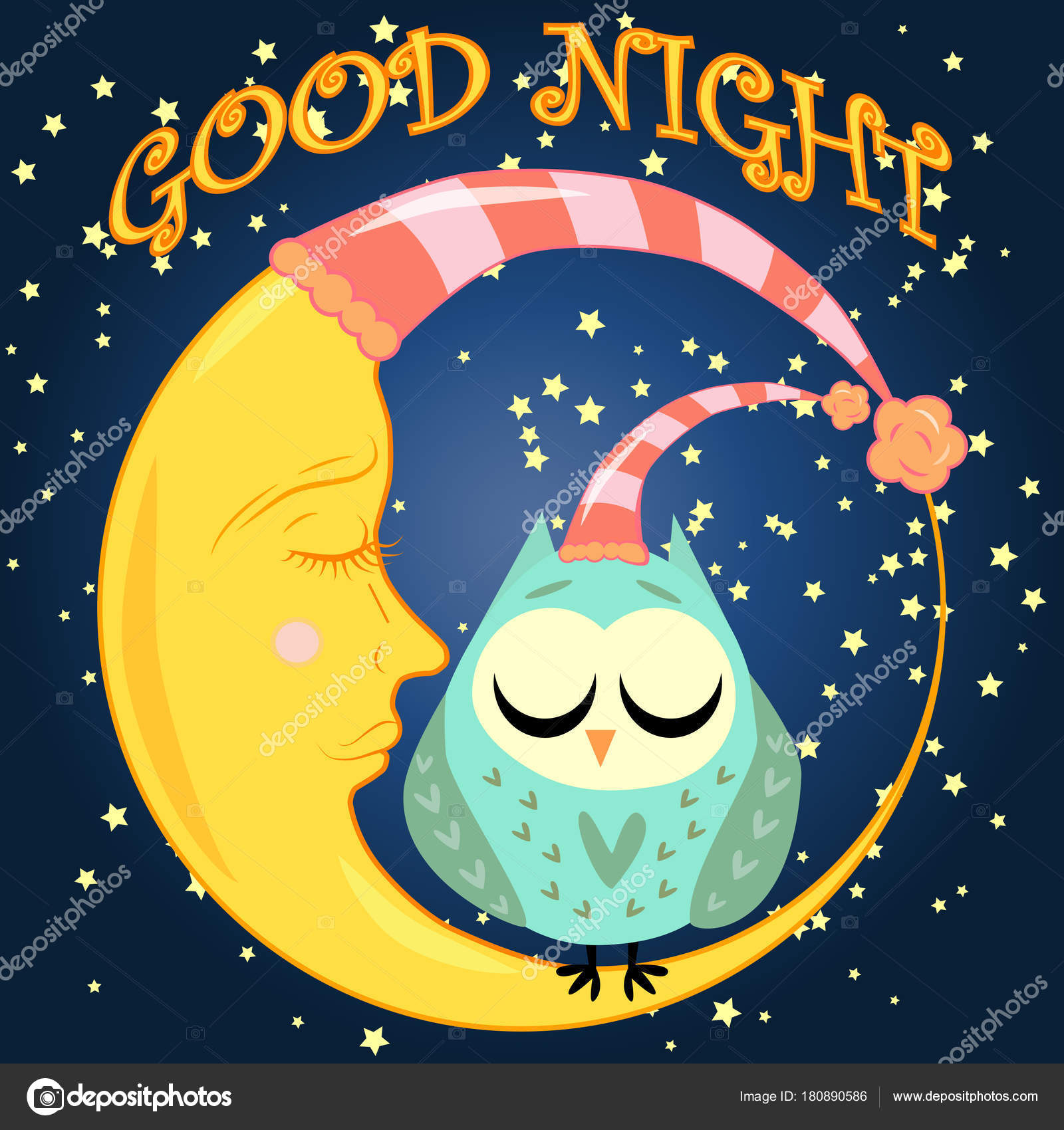 Buona notte Cartolina con una mezzaluna dormiente un gufo sveglio del fumetto e testo — Vettoriali di Michiru13