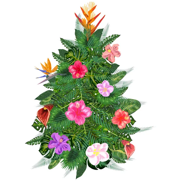 Tropische Weihnachten Weihnachtsbaum Aus Tropischen Palmblättern Und Monstera — Stockvektor