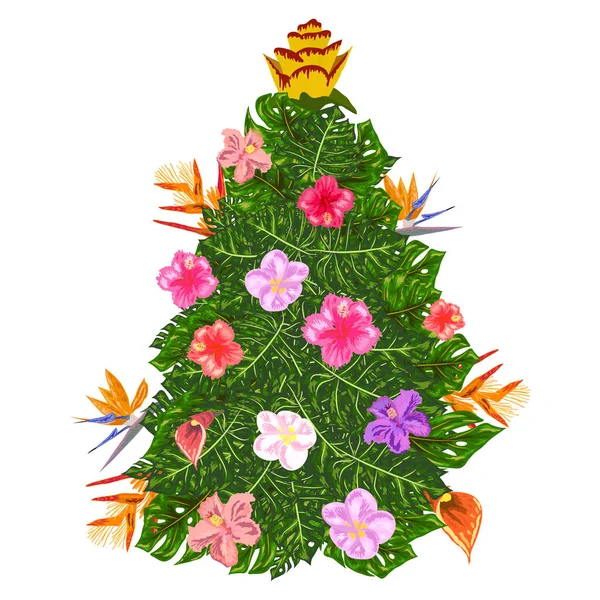 Tropische Weihnachten Weihnachtsbaum Aus Tropischen Palmblättern Und Monstera — Stockvektor
