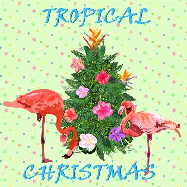 Tropické Vánoce Flamingo Palmové Listy Vločky Šablona Pro Karty Pozvánky — Stockový vektor
