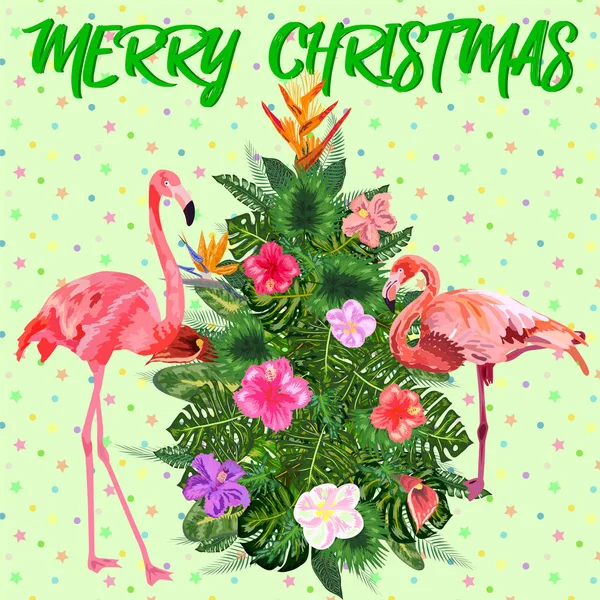 热带圣诞 火烈鸟 棕榈叶和雪花 卡片和宴会邀请函模板 用热带树叶做成的圣诞树 — 图库矢量图片