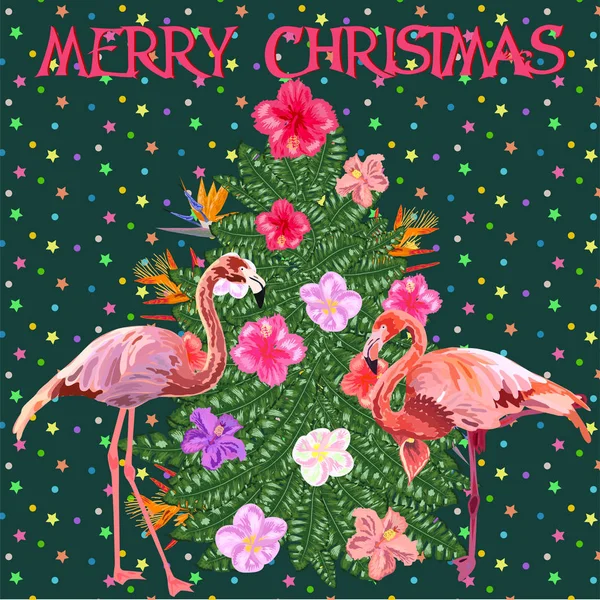 Natal Tropical Flamingo Folhas Palma Flocos Neve Modelo Para Cartões — Vetor de Stock