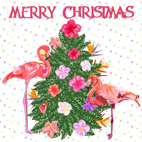 热带圣诞 火烈鸟 棕榈叶和雪花 卡片和宴会邀请函模板 用热带树叶做成的圣诞树 — 图库矢量图片