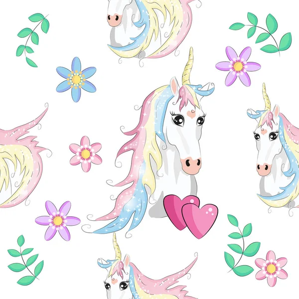 Seamless pattern with trendy cartoon patches. Unicorns, rainbows — ストックベクタ