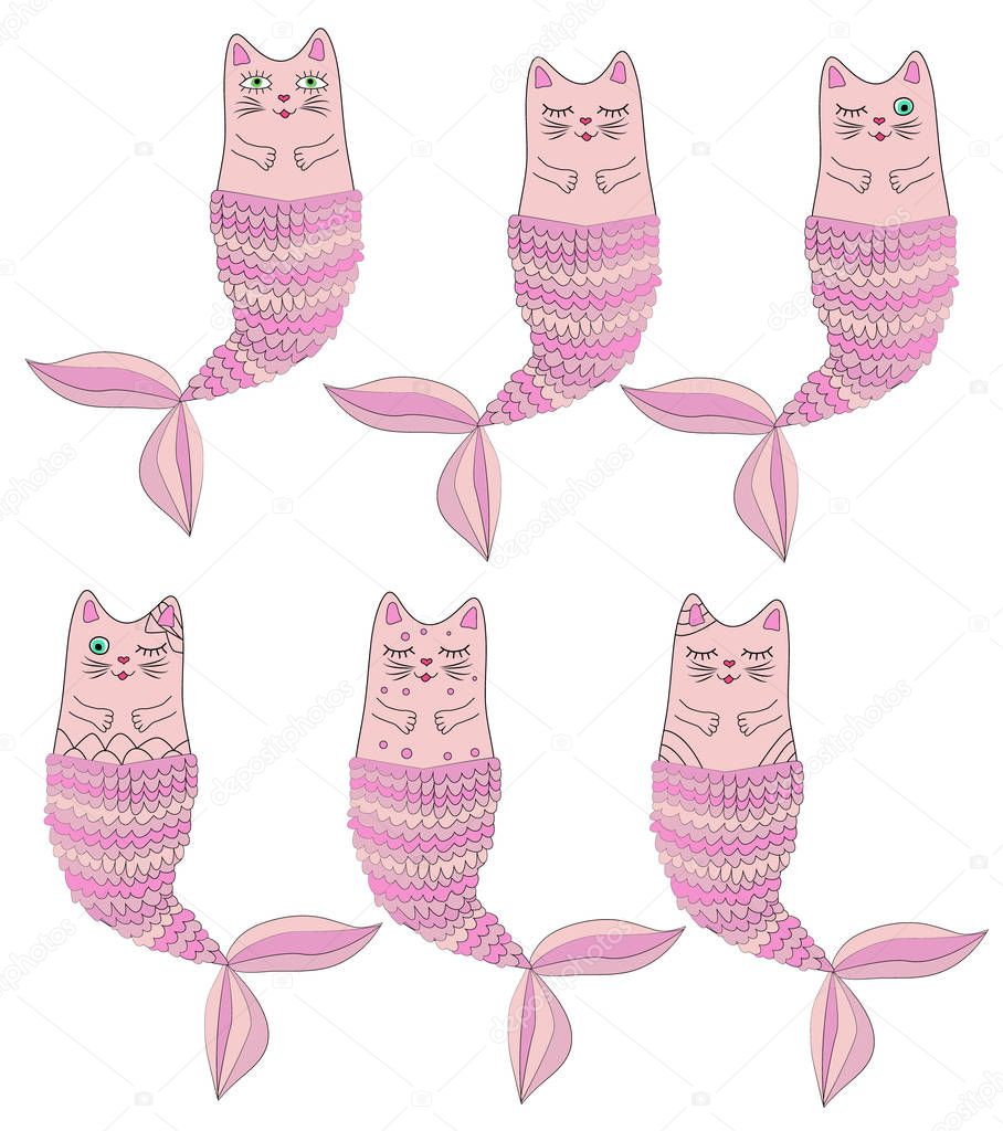 Set of cute cat mermaids isolated on white background. Doodle