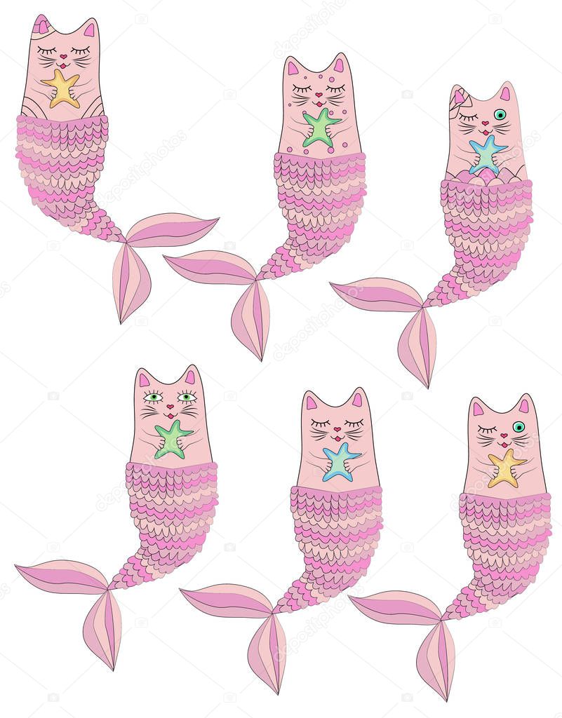 Set of cute cat mermaids isolated on white background. Doodle