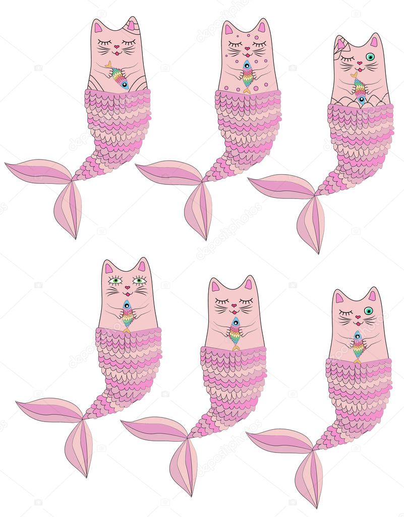 Set of cute cat mermaids isolated on white background. Doodle