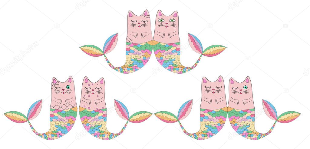 Set of cute cat mermaids isolated on white background. Doodle