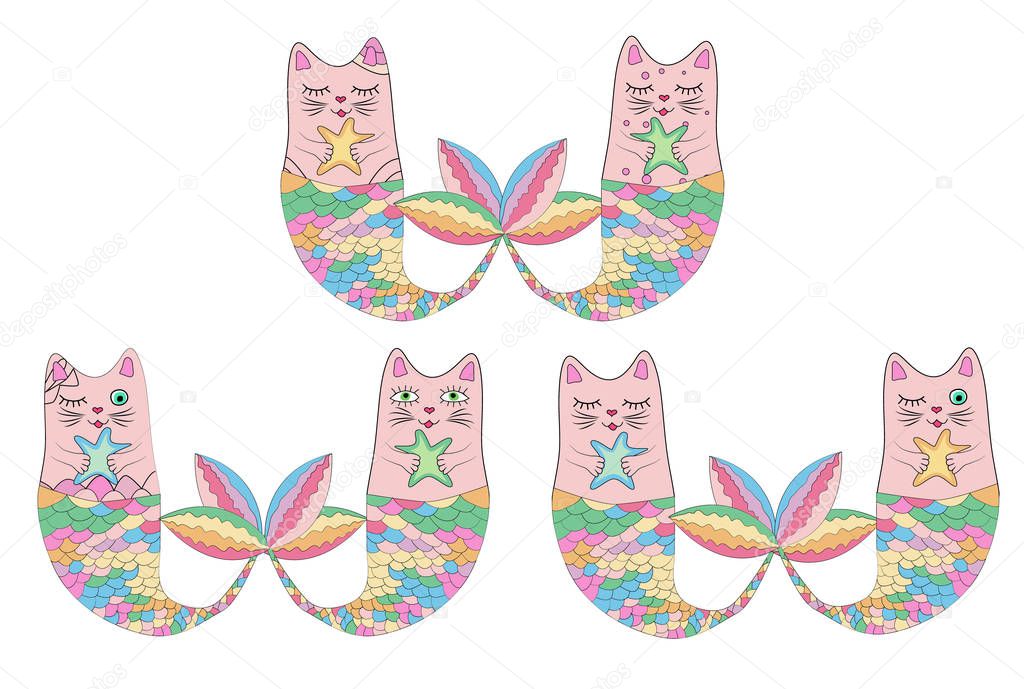 Set of cute cat mermaids isolated on white background. Doodle