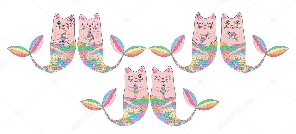 Set of cute cat mermaids isolated on white background. Doodle