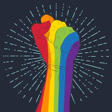 Yumruğu havada gökkuşağı renkli bir el. Gay Gururu. Lgbt conc