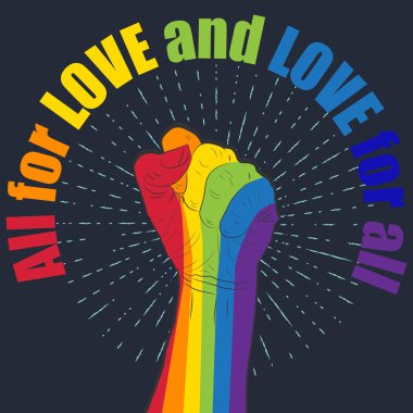Yumruğu havada gökkuşağı renkli bir el. Gay Gururu. Lgbt conc
