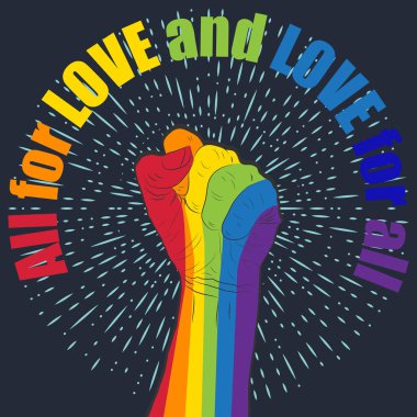 Yumruğu havada gökkuşağı renkli bir el. Gay Gururu. Lgbt conc