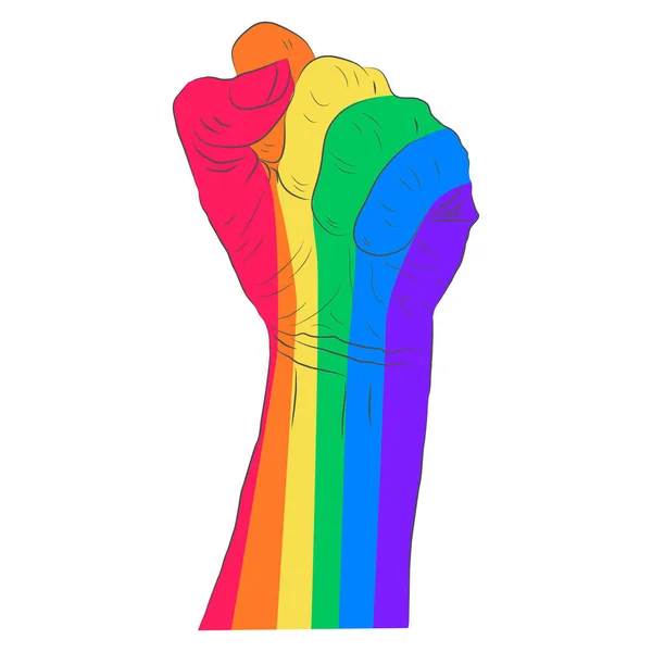 Ουράνιο τόξο χρωματιστό χέρι με μια γροθιά σηκώθηκε. Γκέι υπερηφάνεια. Κτίριο Lgbt — Διανυσματικό Αρχείο