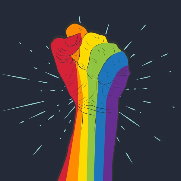 Mão de cor arco-íris com um punho levantado. Orgulho Gay. Conc LGBT — Vetor de Stock