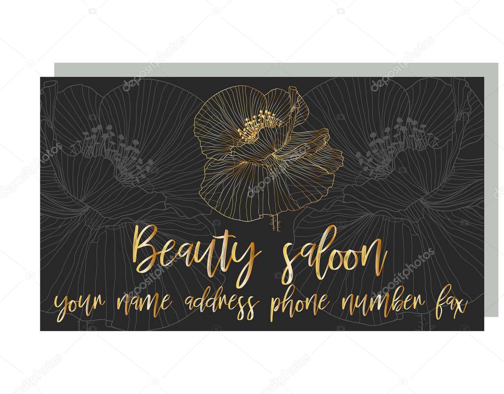 Business card for a beauty salon with golden poppies, stylish design. Business Luxury card. Modern Abstract design with poppy flowers decor. Place for texts
