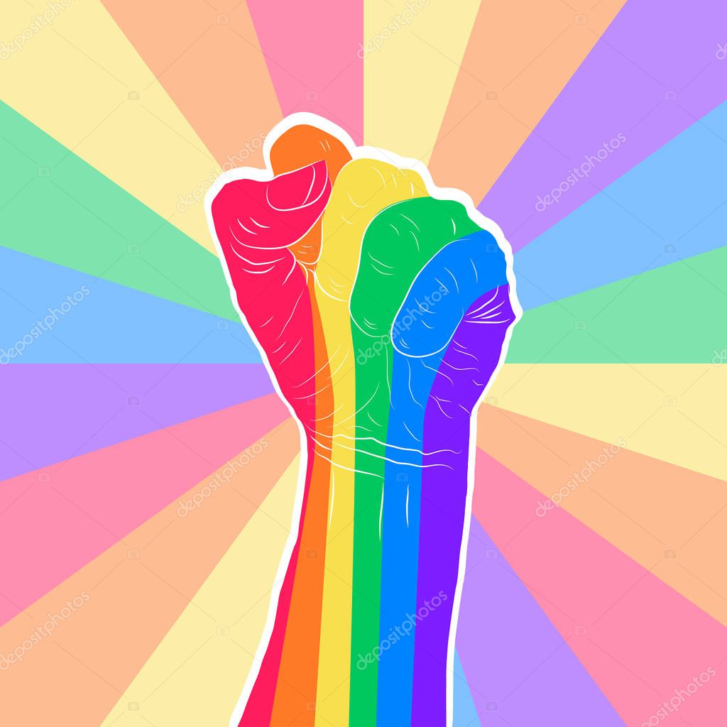 Rainbow colored hand with a fist raised up on a rainbow background. Gay Pride. LGBT concept. Sticker, patch, t-shirt print, logo design.
