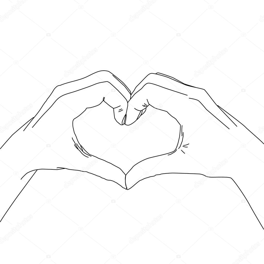Sketch of hands showing heart shape gesture, Hand drawn line art