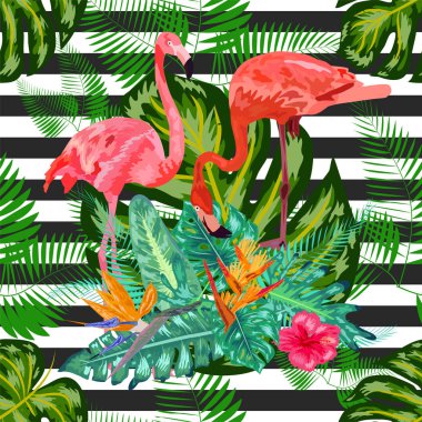 Pembe flamingolar, amberçiçeği, canavar, muz yaprağı Tropik yaz denizi