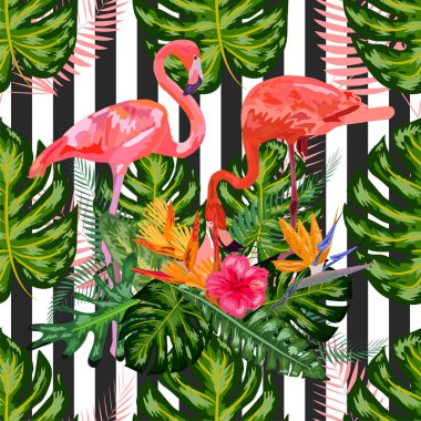 Pembe flamingolar, amberçiçeği, canavar, muz yaprağı Tropik yaz denizi