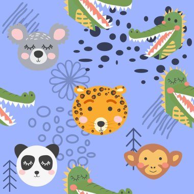 Şirin el çizimi bebek odası pürüzsüz desen içinde vahşi hayvanlar var.