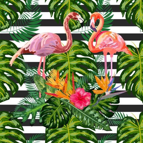 Růžový flamingos hibiscus, monstera, banánový list Tropické letní moře — Stockový vektor