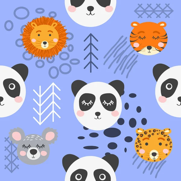 Seamless childish pattern with cute animal faces. Creative nurse — ストックベクタ