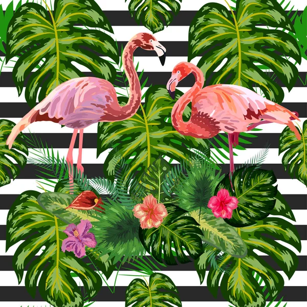 Roze flamingo hibiscus, monstera, bananenblad Tropische zomerzee — Stockvector