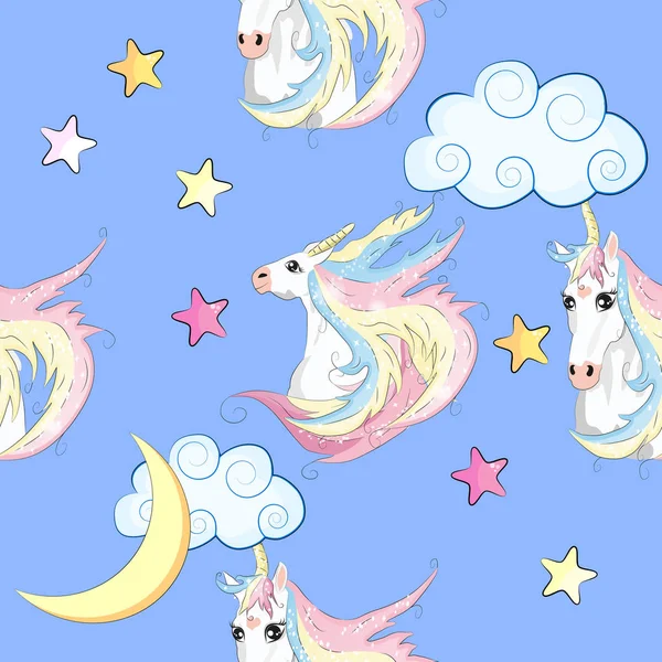 Seamless pattern with trendy cartoon patches. Unicorns, rainbows — ストックベクタ