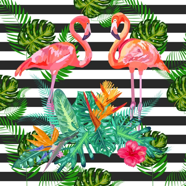 Sömlöst mönster med mörkblå grunge ränder och rosa flamingo — Stock vektor