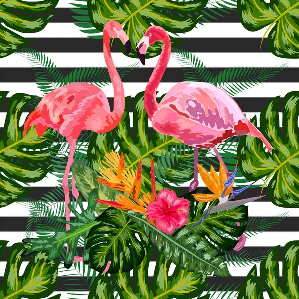 Rosa flamingos hibiscus, monstera, bananblad Tropiskt sommarhav — Stock vektor