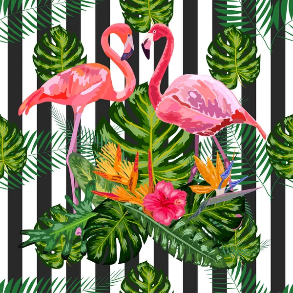 Flamants roses hibiscus, monstère, feuille de banane Tropique mer d'été — Image vectorielle