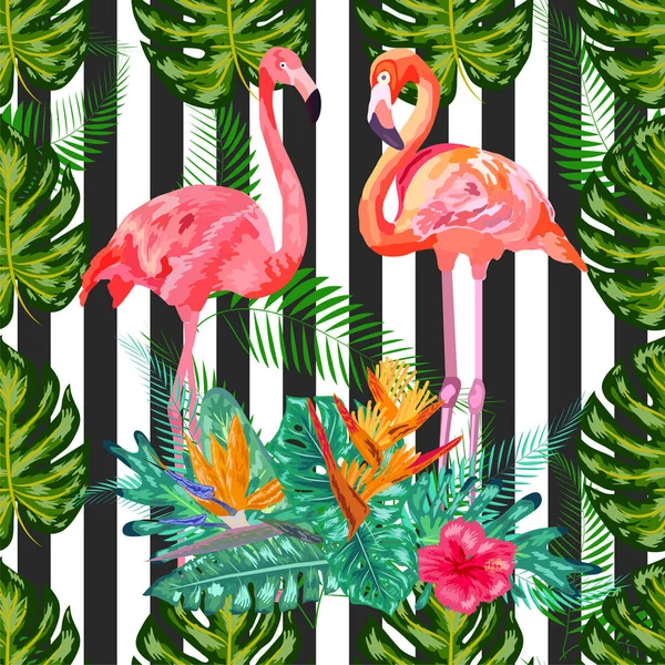 Pink flamingos hibiscus, monstera, banana leaf Tropic summer sea — 스톡 벡터