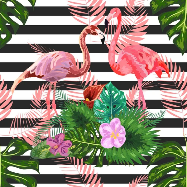 Roze flamingo hibiscus, monstera, bananenblad Tropische zomerzee — Stockvector