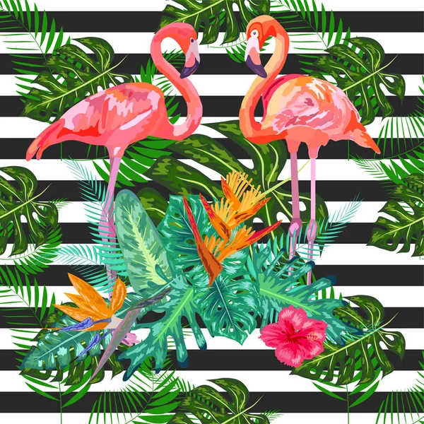 Różowe flamingi hibiskus, monstera, liść banana Tropikalne morze letnie — Wektor stockowy