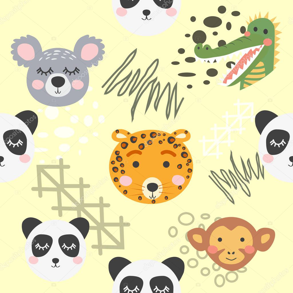 Cute hand drawn nursery seamless pattern with wild animals in sc