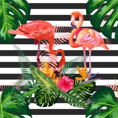 Güzel tropik suluboya pembe flamingoyu siyah ve w üzerine yazdır