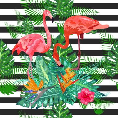 Kusursuz desenli pembe flamingo ve siyah bir çiçeğin üzerindeki amber çiçeği.