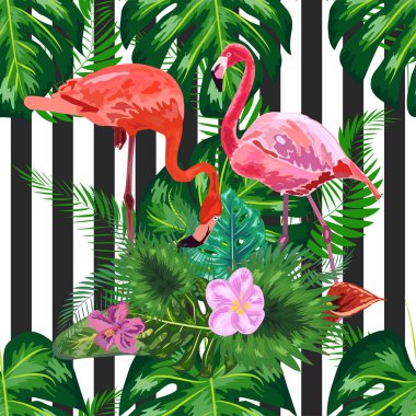 Koyu mavi grunge çizgili ve pembe flamingolu kusursuz desen.