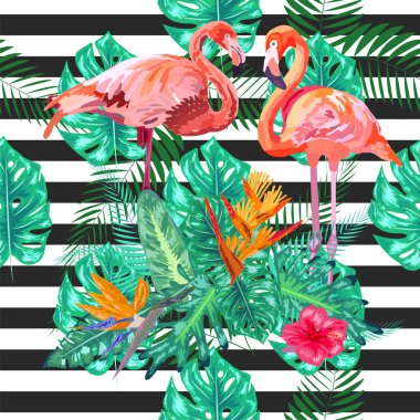 Kusursuz desenli pembe flamingo ve siyah bir çiçeğin üzerindeki amber çiçeği.