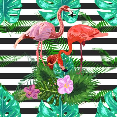 Koyu mavi grunge çizgili ve pembe flamingolu kusursuz desen.