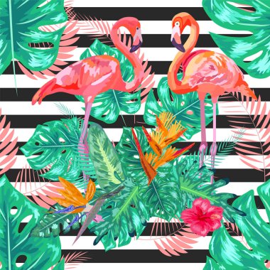 Kusursuz desenli pembe flamingo ve siyah bir çiçeğin üzerindeki amber çiçeği.