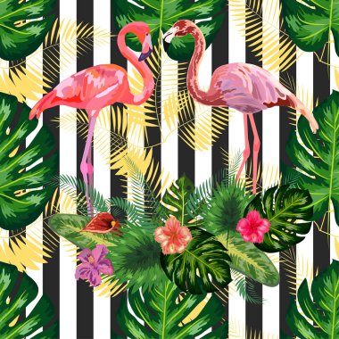 Kusursuz desenli pembe flamingo ve siyah bir çiçeğin üzerindeki amber çiçeği.