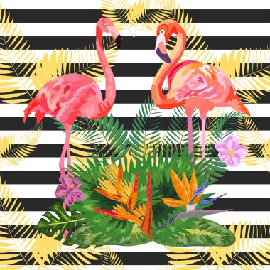 Print beautiful tropic watercolor pink flamingo and hibiscus flo clipart