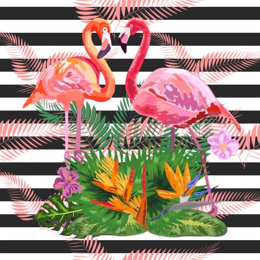 Güzel tropik suluboya pembe flamingo ve amfibik flo yazdır