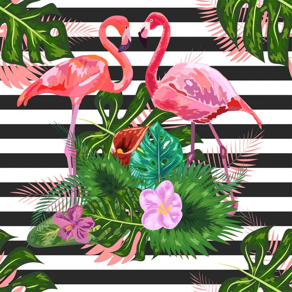 Roze flamingo hibiscus, monstera, bananenblad Tropische zomerzee — Stockvector